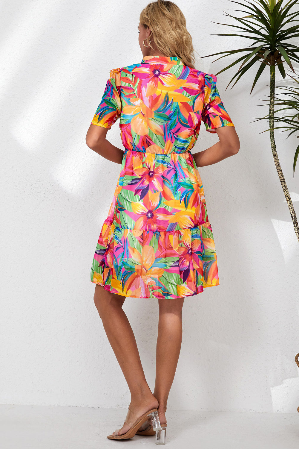 Floral Notched Neck Short Sleeve Dress