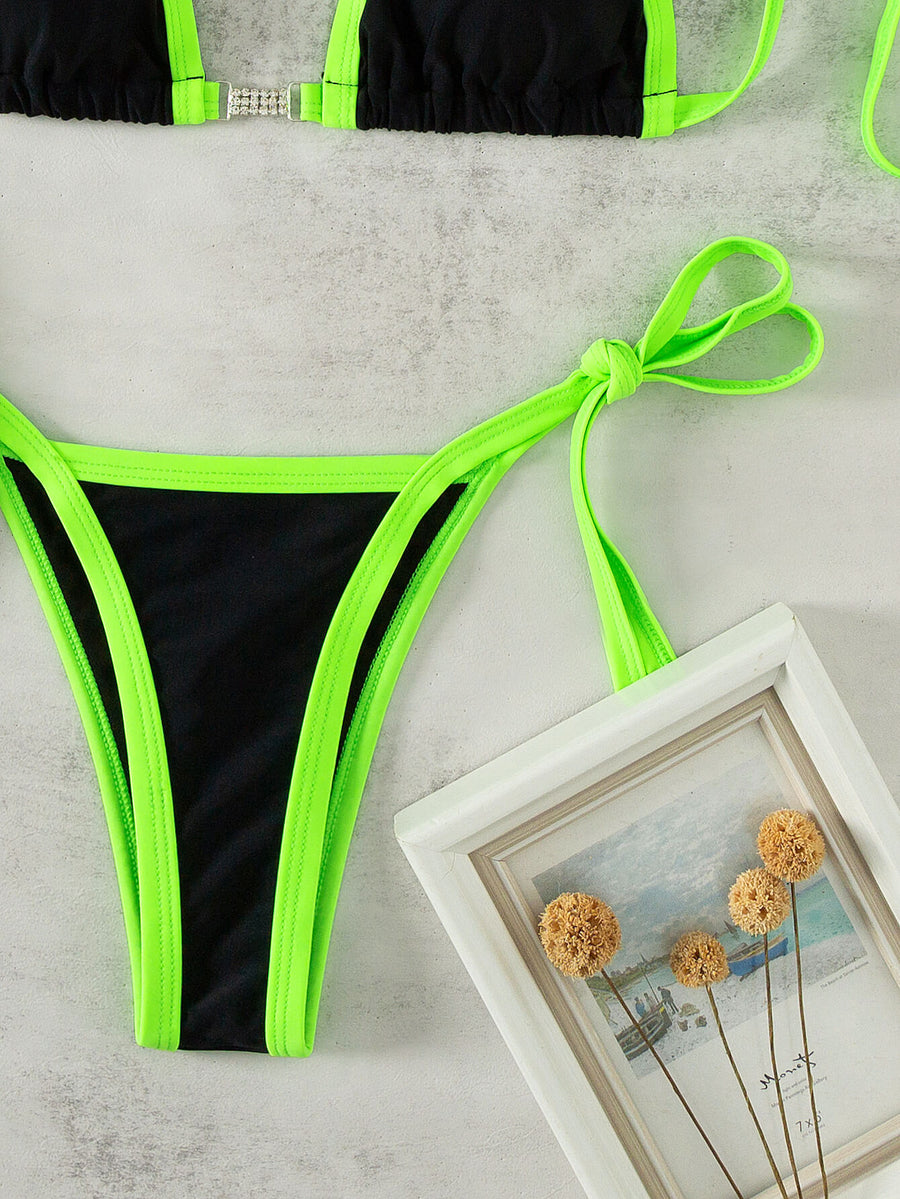 Contrast Trim Tied Halter Neck Bikini Set