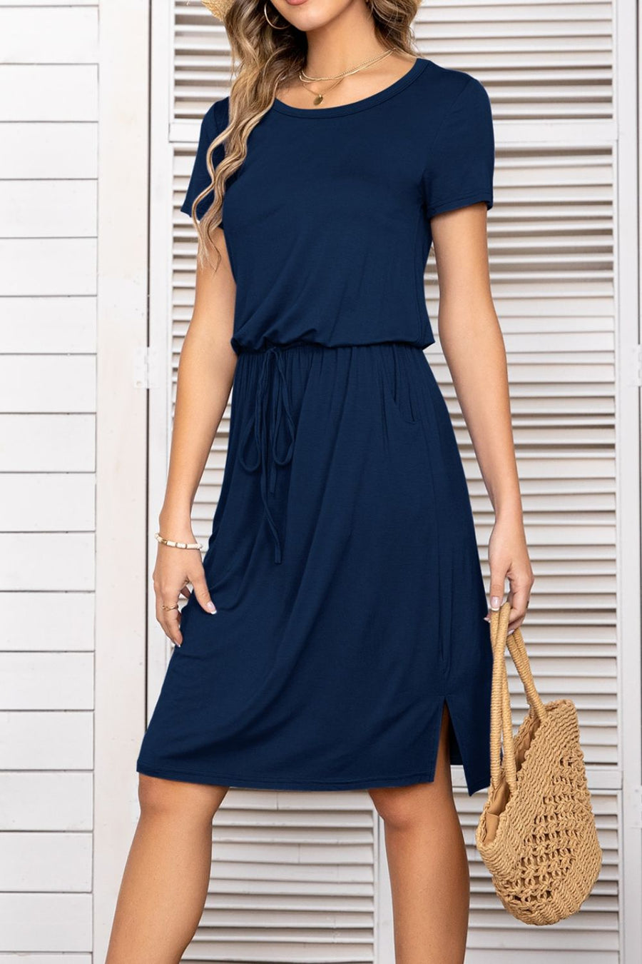 Round Neck Short Sleeve Slit Dress with Pockets