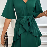 Tie Belt Surplice Neck Ruffled Dress