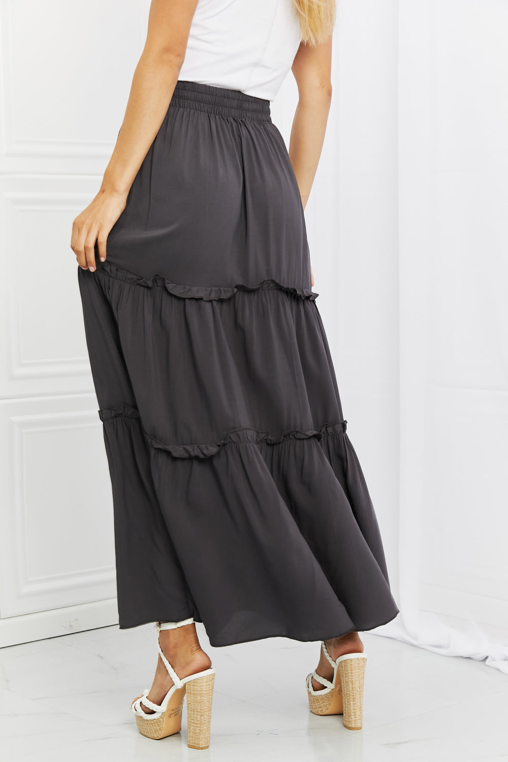 Zenana Summer Days Full Size Ruffled Maxi Skirt in Ash Grey