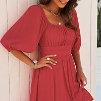 Tie-Back Ruffled Hem Square Neck Mini Dress