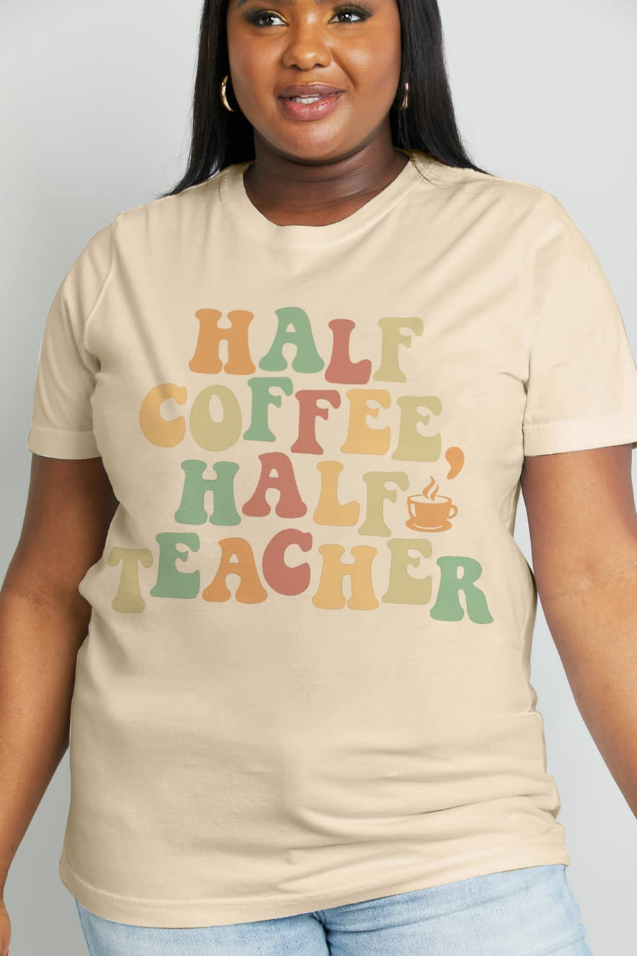 Simply Love Full Size HALF COFFEE HALF TEACHER Graphic Cotton Tee