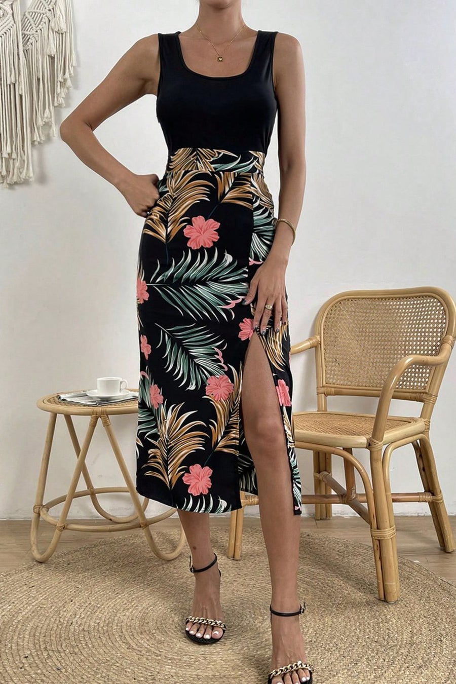 Scoop Neck Printed Sleeveless Split Midi Dress