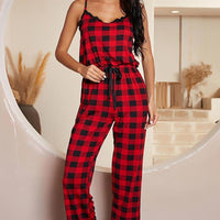 Plaid Lace Trim Spaghetti Strap Jumpsuit