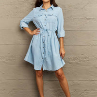 Ninexis Collared Neck Tie Waist Denim Dress