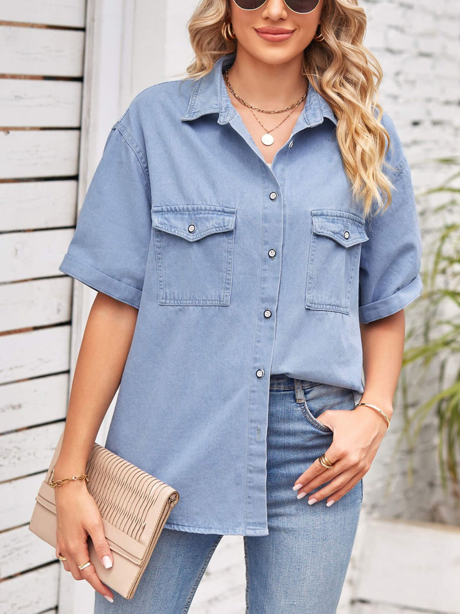 Collared Neck Short Sleeve Denim Top