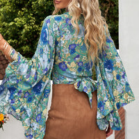 Floral Bell Sleeve Surplice Cropped Blouse