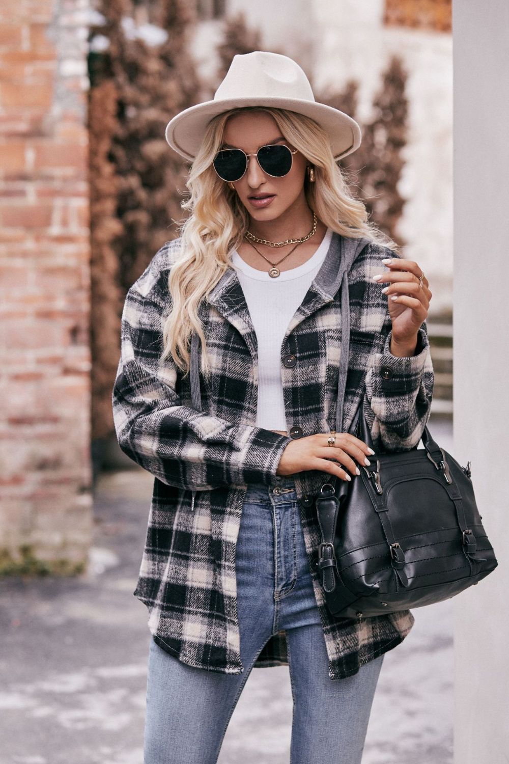 Plaid Dropped Shoulder Hooded Longline Shacket