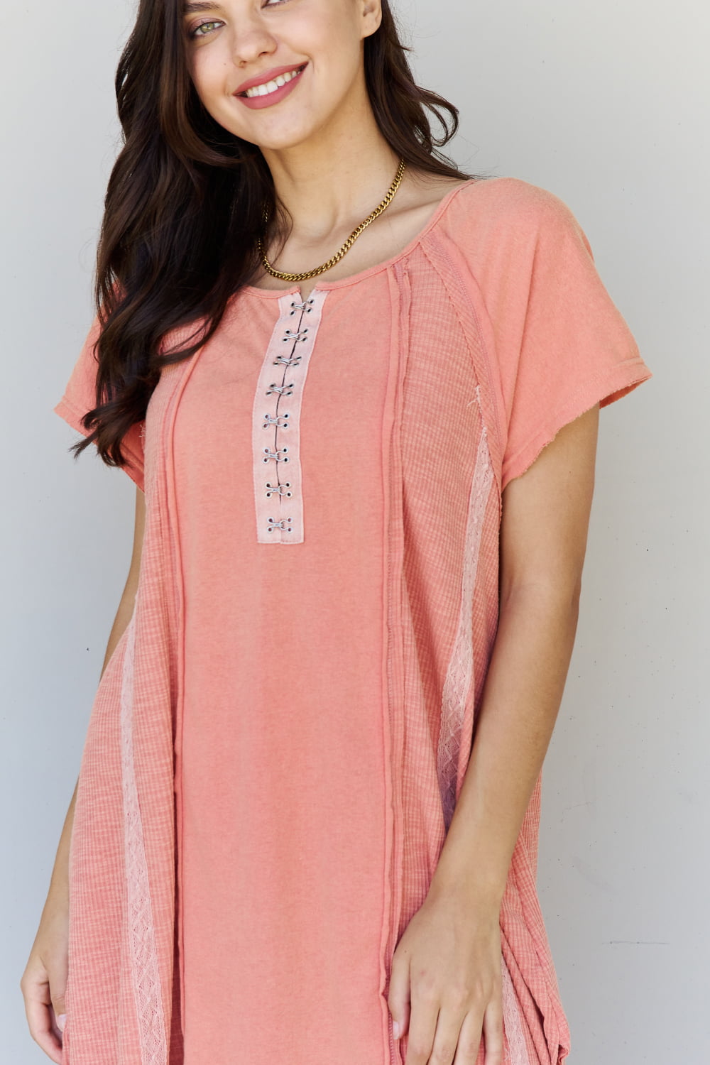 POL All Day Comfort Front Hook Contrast T-Shirt Dress in Blush Red