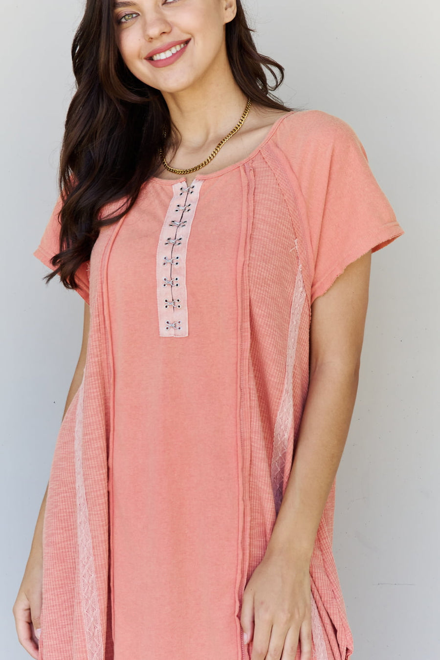 POL All Day Comfort Front Hook Contrast T-Shirt Dress in Blush Red