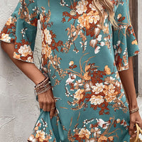 Floral Print Round Neck Flounce Sleeve Mini Dress