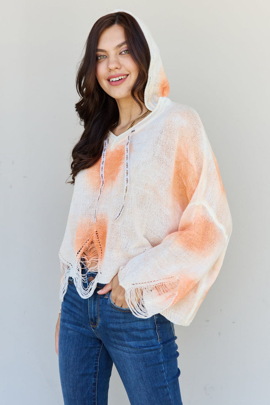 POL Mix It Up Tie Dye Hooded Distressed Sweater in Ivory/Orange