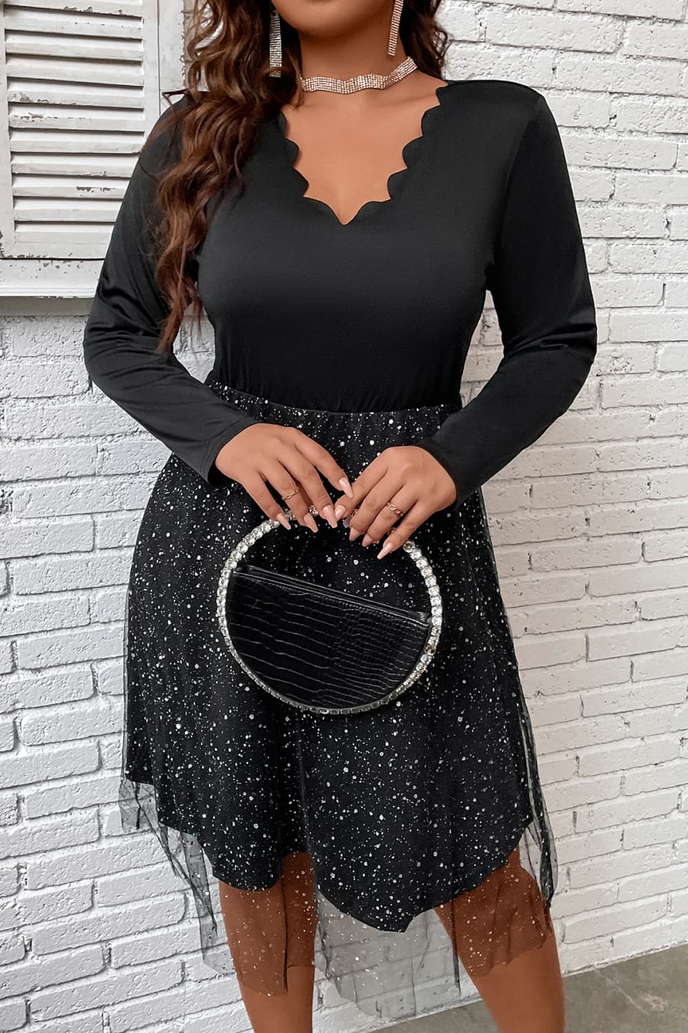 Plus Size Scalloped V-Neck Long Sleeve Dress