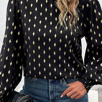 Geometric Print Frill Neck Lantern Sleeve Blouse