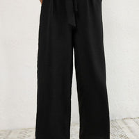 Belted Pleated Waist Wide Leg Pants