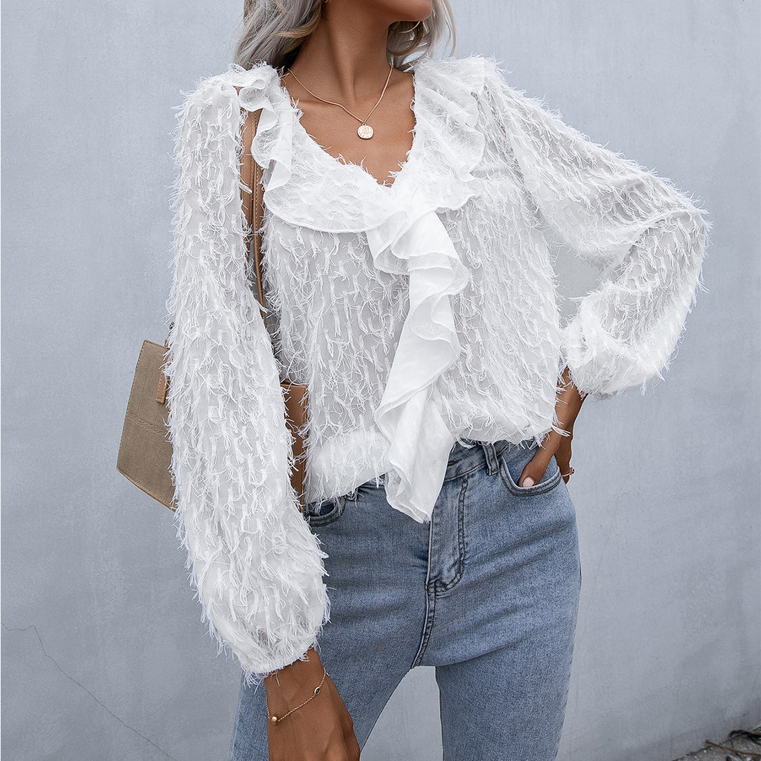 Ruffle Hem Fringe V-Neck Balloon Sleeve Blouse