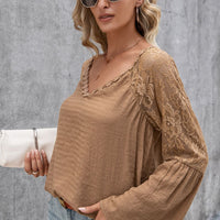 V-Neck Spliced Lace Flare Sleeve Top