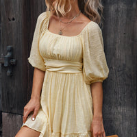 Tie-Back Ruffled Hem Square Neck Mini Dress