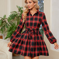 Plaid Print Tie Waist Collared Neck Shirt Dress