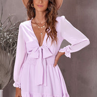 Tied Plunge Smocked Waist Flounce Sleeve Dress