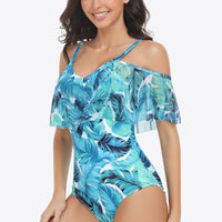 Botanical Print Cold-Shoulder Layered One-Piece Swimsuit