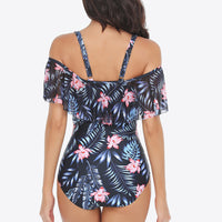 Botanical Print Cold-Shoulder Layered One-Piece Swimsuit