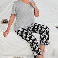 Plus Size V-Neck Tee and Floral Pants Lounge Set