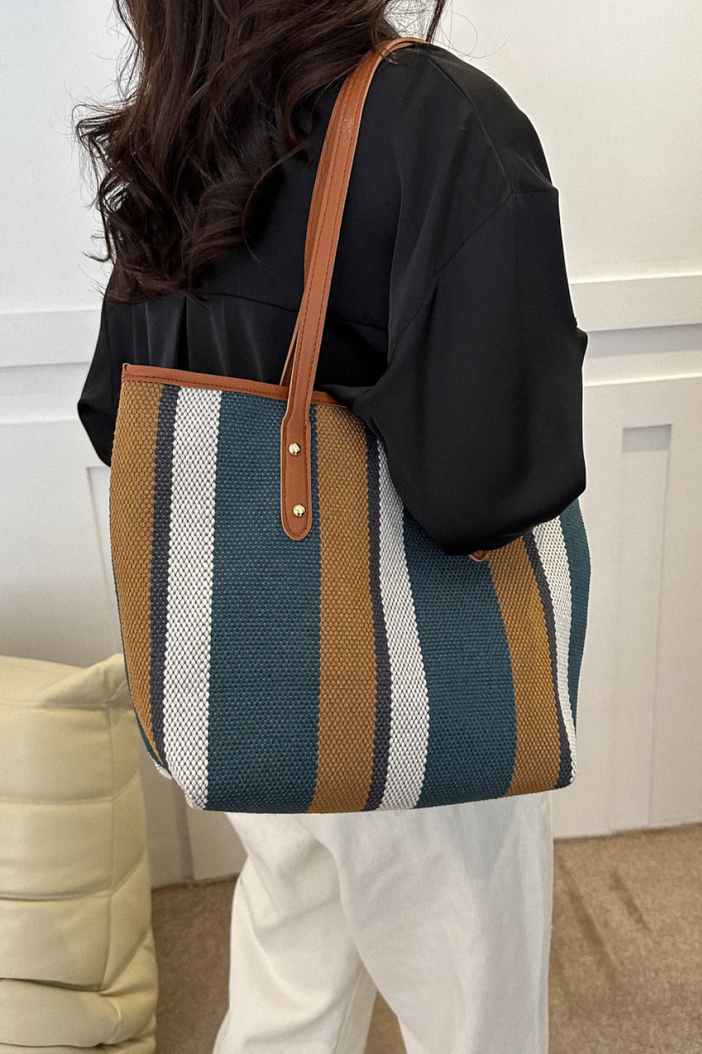 Taupe and turquoise stripe bag