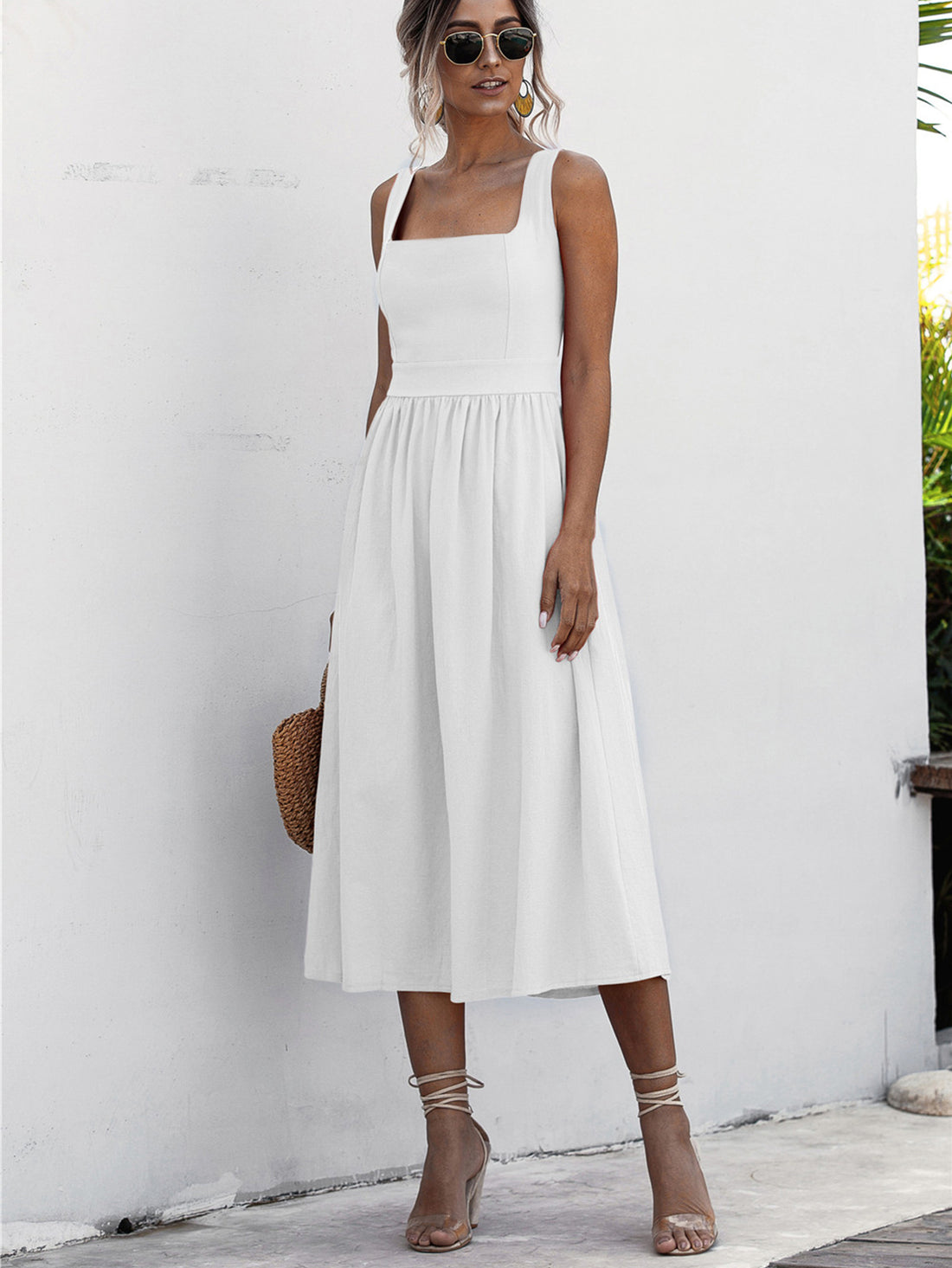 Square Neck Sleeveless Smocked Midi Dress