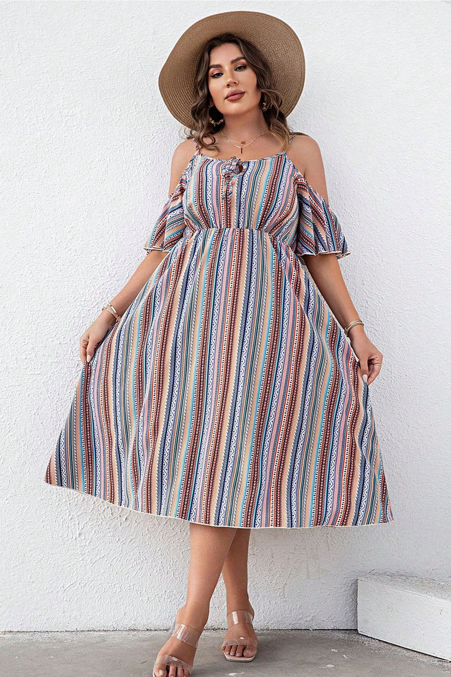 Plus Size Striped Cold-Shoulder Dress