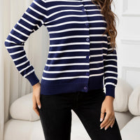 Striped Round Neck Long Sleeve Buttoned Knit Top