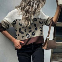 Leopard Color Block Ribbed Trim Tunic Sweater