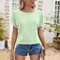 Full Size Round Neck Eyelet Short Sleeve Top