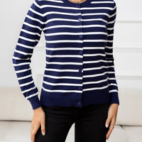 Striped Round Neck Long Sleeve Buttoned Knit Top