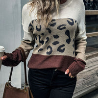 Leopard Color Block Ribbed Trim Tunic Sweater