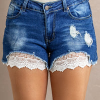 Spliced Lace Distressed Denim Shorts