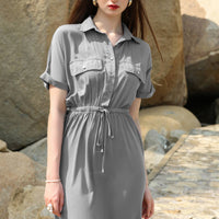 Half Button Drawstring Waist Short Sleeve Shirt Dress