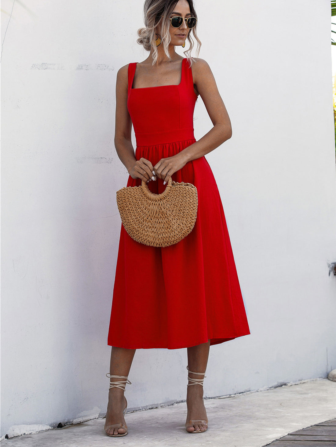 Square Neck Sleeveless Smocked Midi Dress