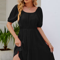 Ruched Square Neck Puff Sleeve Mini Dress