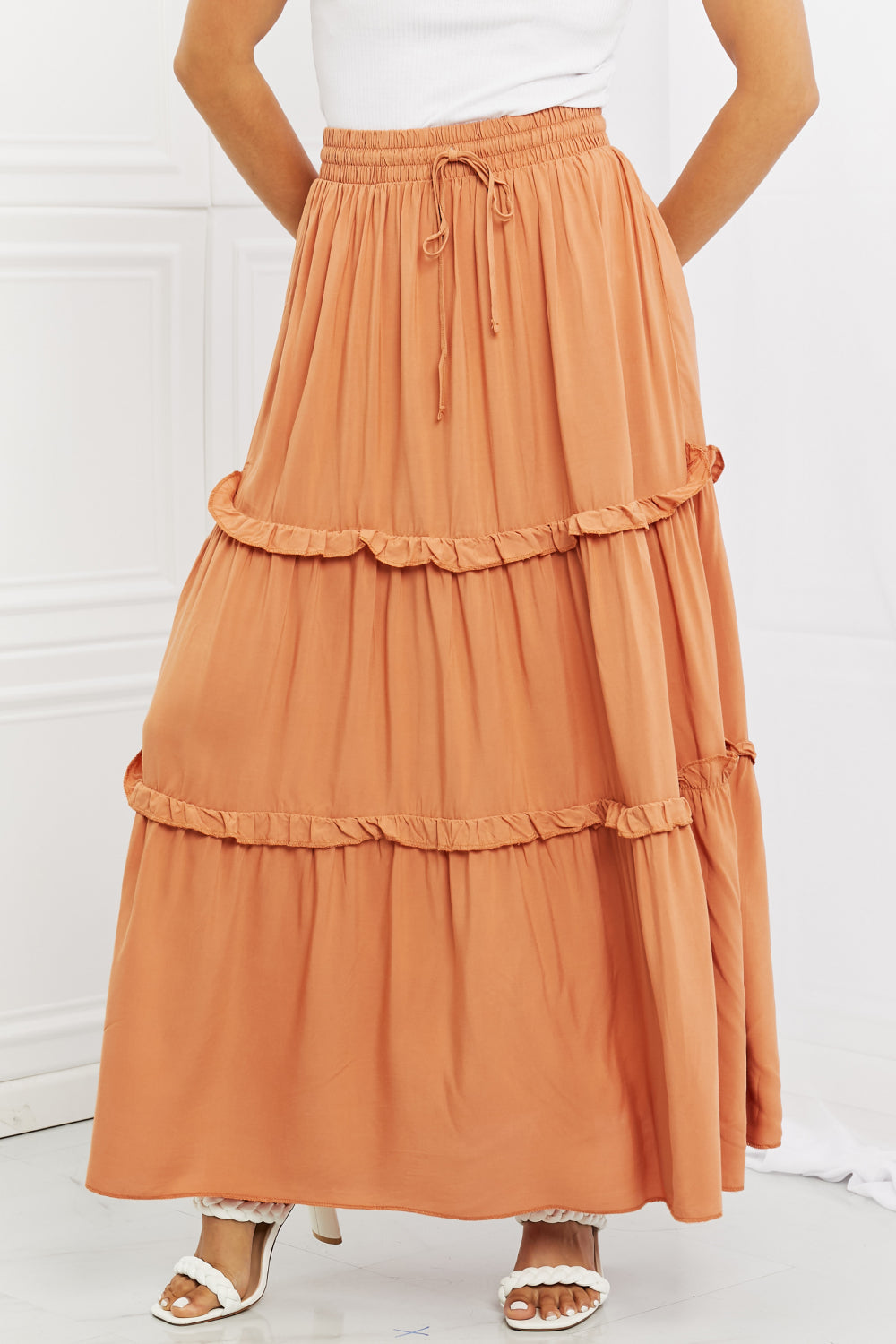 Zenana Summer Days Full Size Ruffled Maxi Skirt in Butter Orange