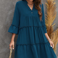 Frill Trim Three-Quarter Flare Sleeve Dress