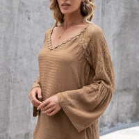 V-Neck Spliced Lace Flare Sleeve Top