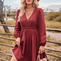 V-Neck Long Sleeve Smocked Waist Mini Dress