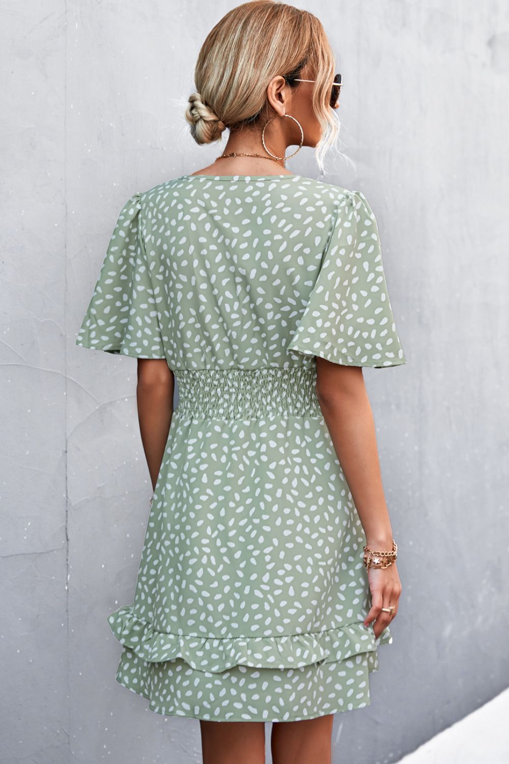 Printed Smocked Waist Layered Surplice Dress