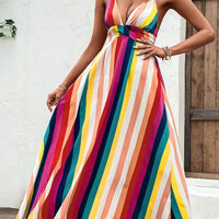 Multicolored Stripe Crisscross Backless Dress