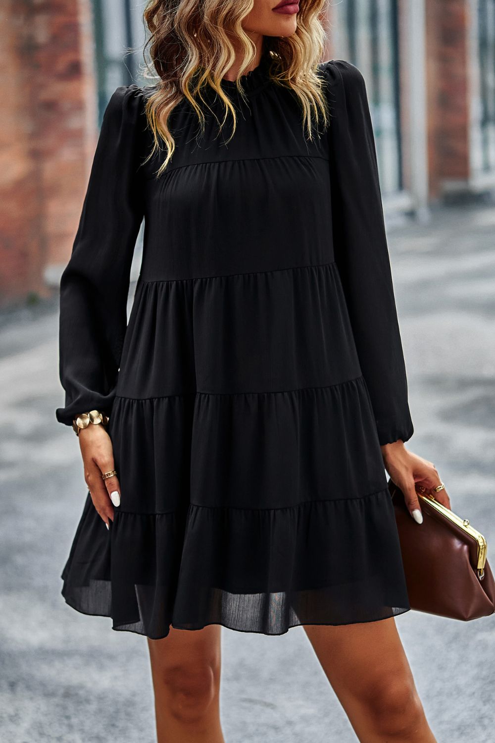 Tied Ruffle Collar Puff Sleeve Mini Dress