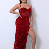 Sequin Spliced Mesh Adjustable Strap Dress