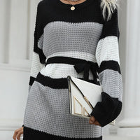 Color Block Belted Round Neck Sweater Dress