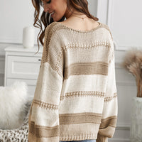 Striped V-Neck Dropped Shoulder Pullover Sweater